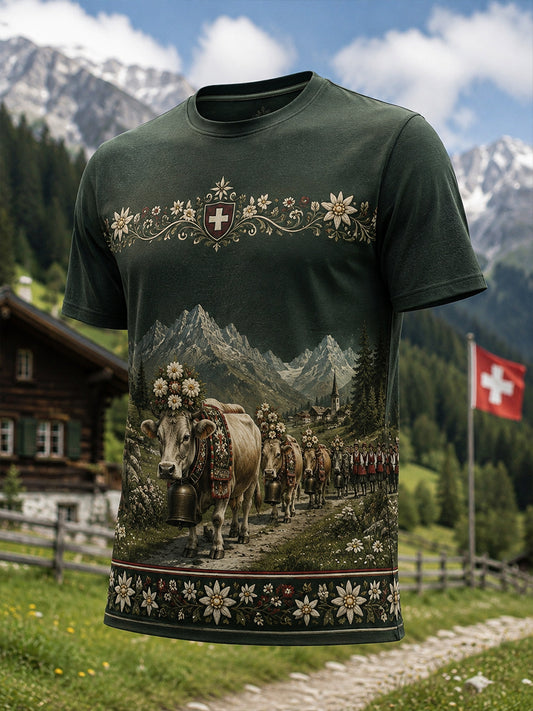 Kultursymbole des Schweizerischen Hirtenfestes für Herren – Künstlerischer Aufdruck auf lässigem T-Shirt