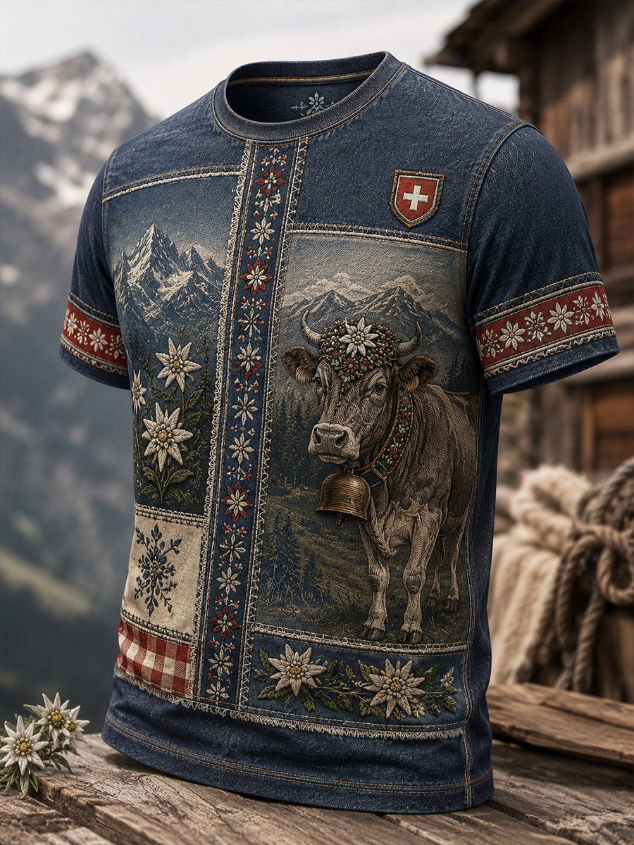 Kultursymbole des Schweizerischen Hirtenfestes für Herren – Künstlerischer Aufdruck auf lässigem T-Shirt