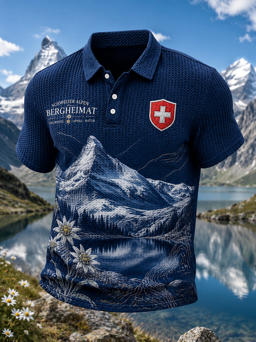 Herren-Poloshirt aus Waffelstrick mit kurzen Ärmeln und Schneeberg-Print