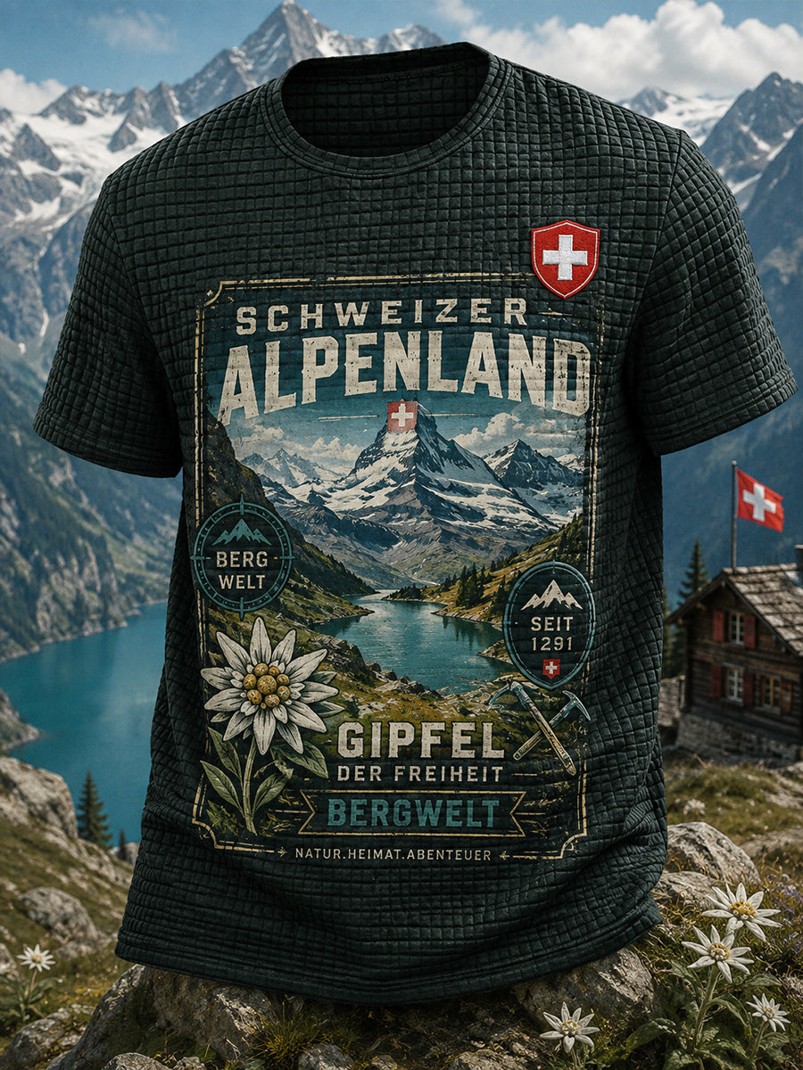 Herren-Waffelstrick-T-Shirt mit kurzen Ärmeln und grafischem Schneeberg-Print