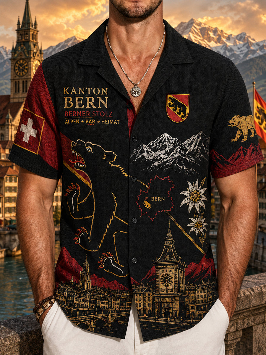 Herren-Shirt aus Waffelstrick mit kurzen Ärmeln und Aufdruck im Urban-Souvenir-Stil