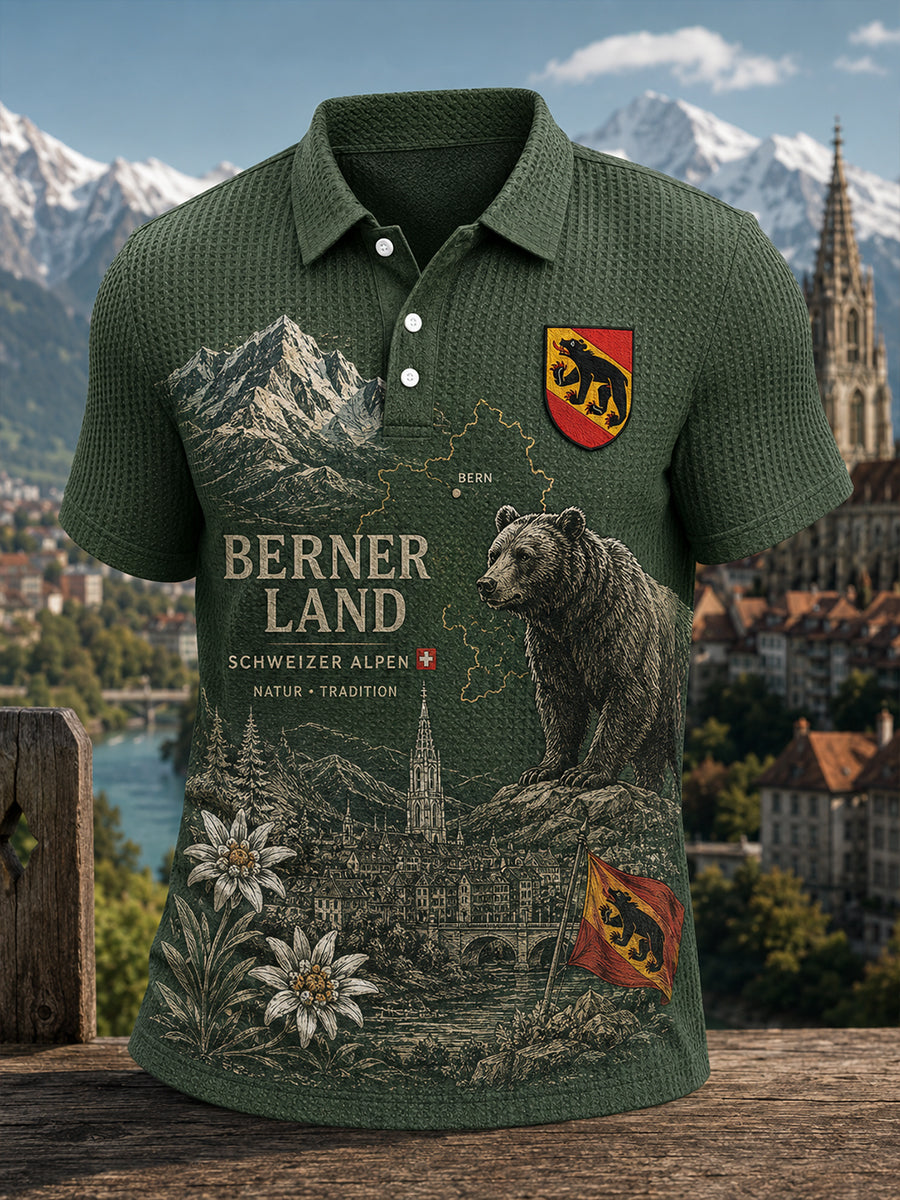 Herren-Poloshirt mit städtischem Grafik-Design, kurzärmelig und aus Waffelstrick