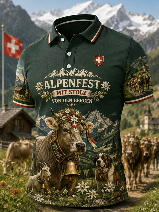 Herren-Poloshirt mit kurzen Ärmeln und Vintage-Druck zum Stiertreiben