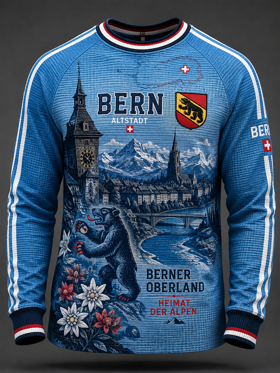 Herren-Graphic-Top im Retro-City-Stil, Raglan-Design, Langarm, Waffelstrick