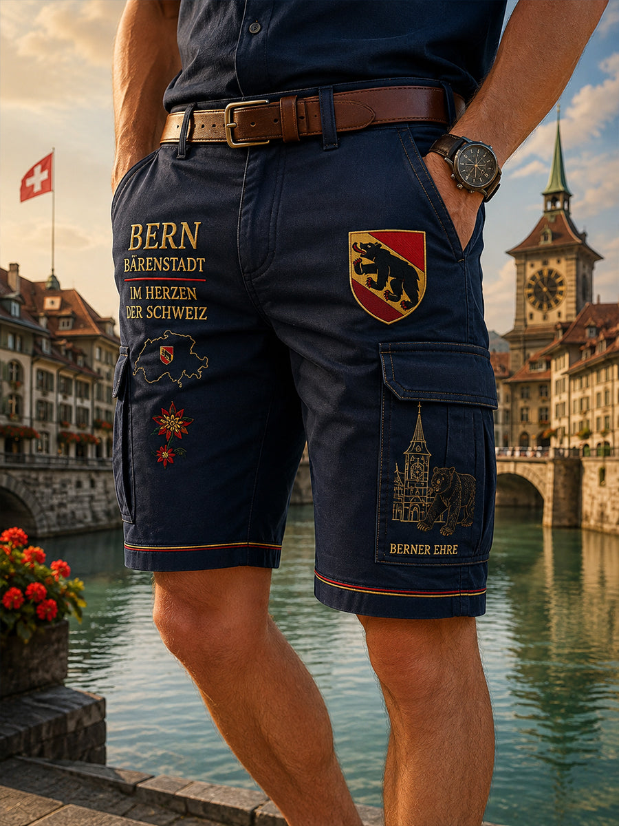Herren-Kurz-Cargohose im Retro-Stil mit städtischem Grafikdruck