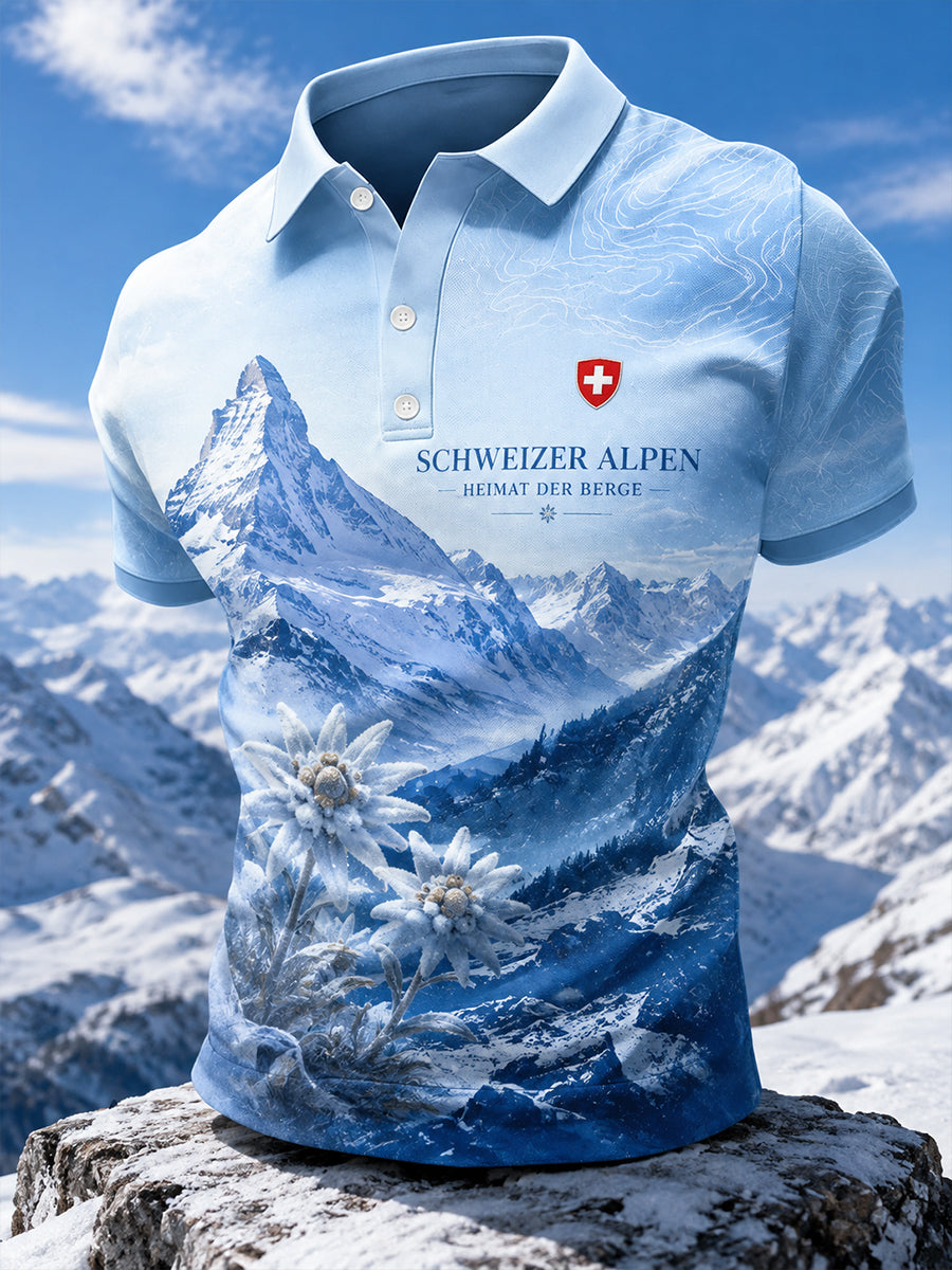 Herren-Poloshirt mit kurzen Ärmeln und Alpenberg-Print
