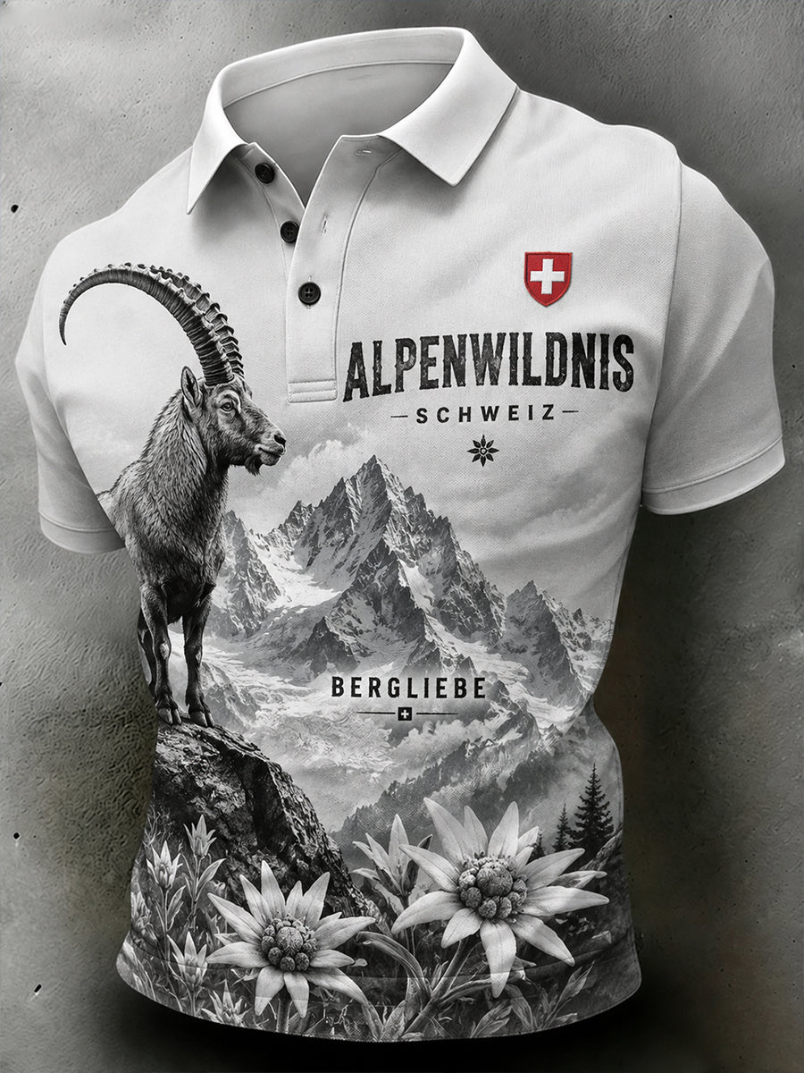 Herren-Poloshirt mit kurzen Ärmeln und Alpenberg-Print