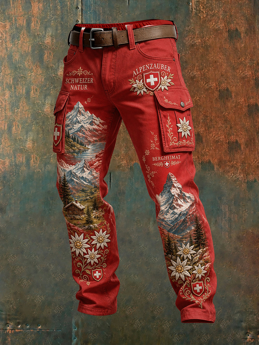 Herren-Long-Cargohose mit Alpen-Mountain-Print