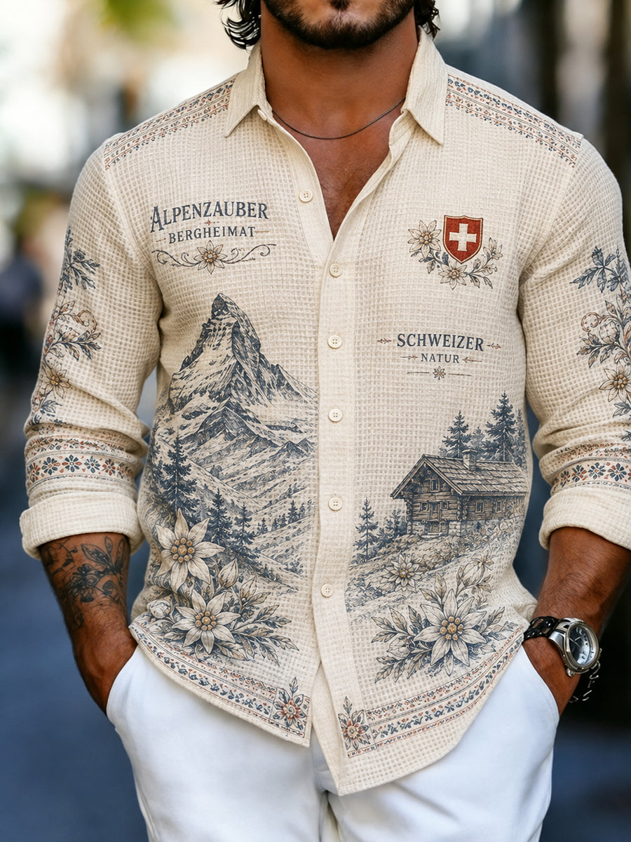 Herren-Longsleeve-Hemd aus Waffelstrick mit Alpenberg-Print