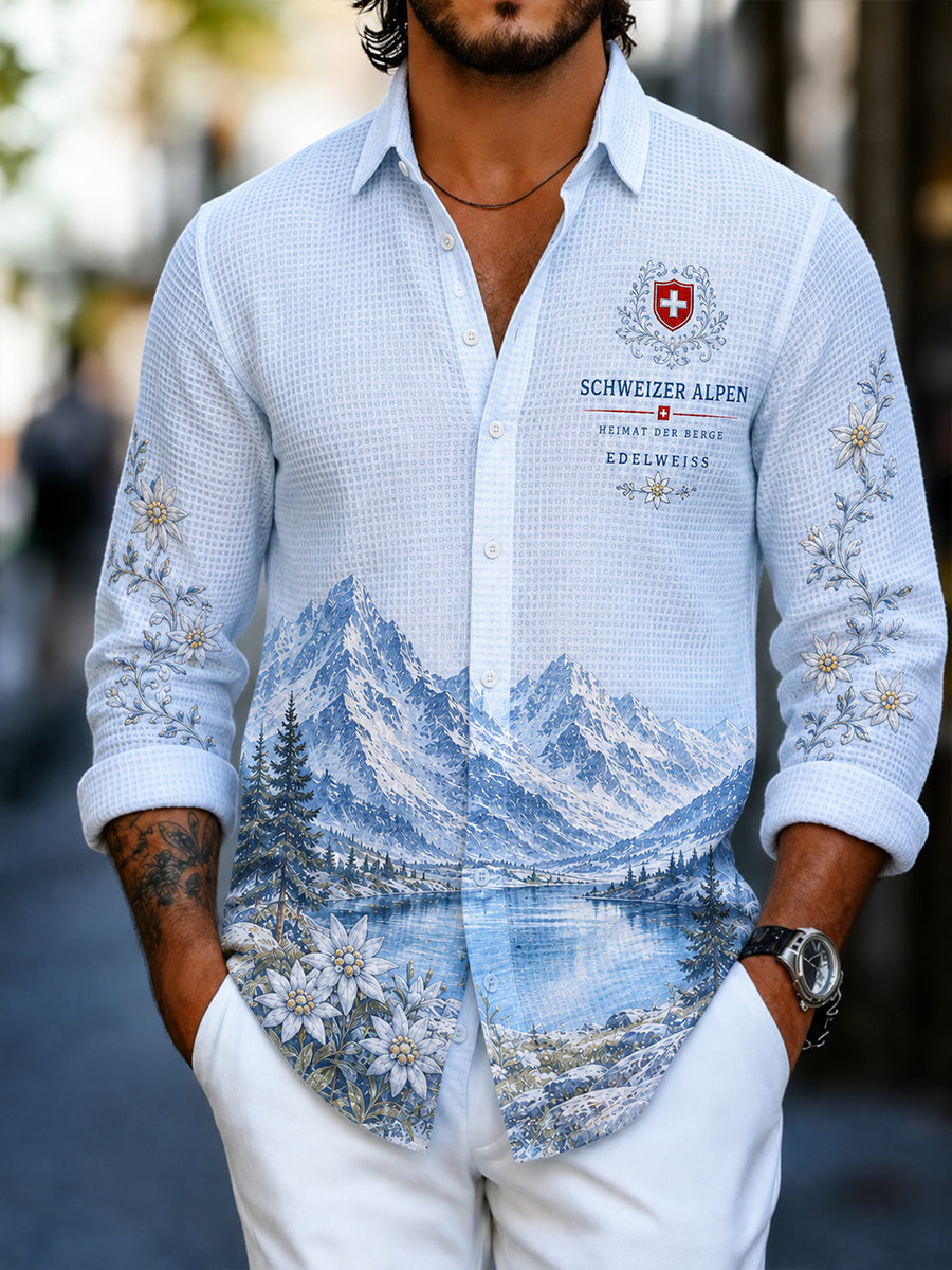Herren-Longsleeve-Hemd aus Waffelstrick mit Alpenberg-Print