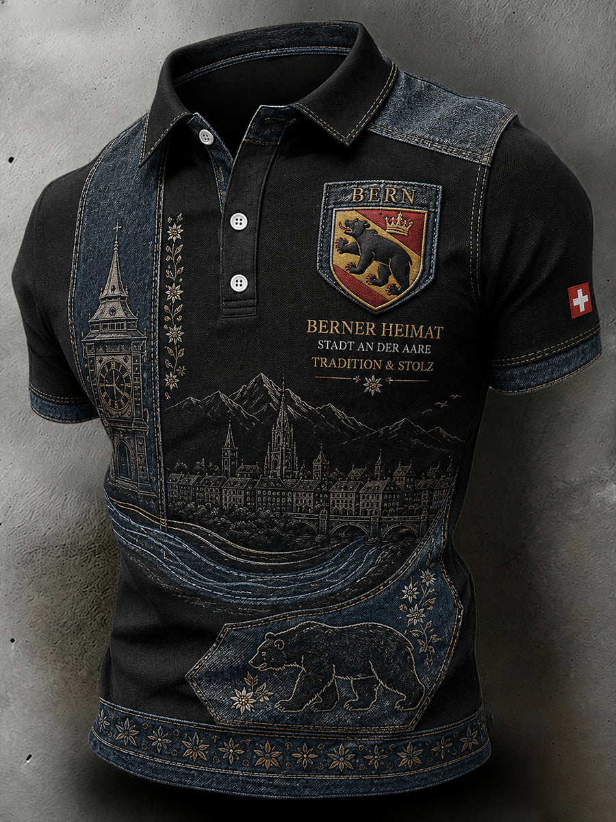 Herren-Poloshirt mit kurzen Ärmeln und urbanem, denkwürdigem Grafikdruck