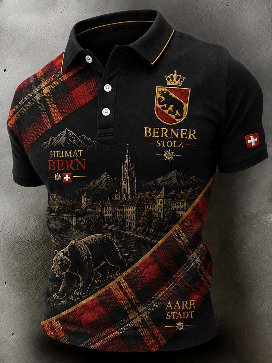 Herren-Poloshirt mit kurzen Ärmeln und urbanem, denkwürdigem Grafikdruck