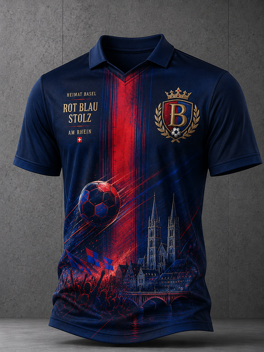 Herren-Poloshirt mit kurzen Ärmeln und fußballinspiriertem Print