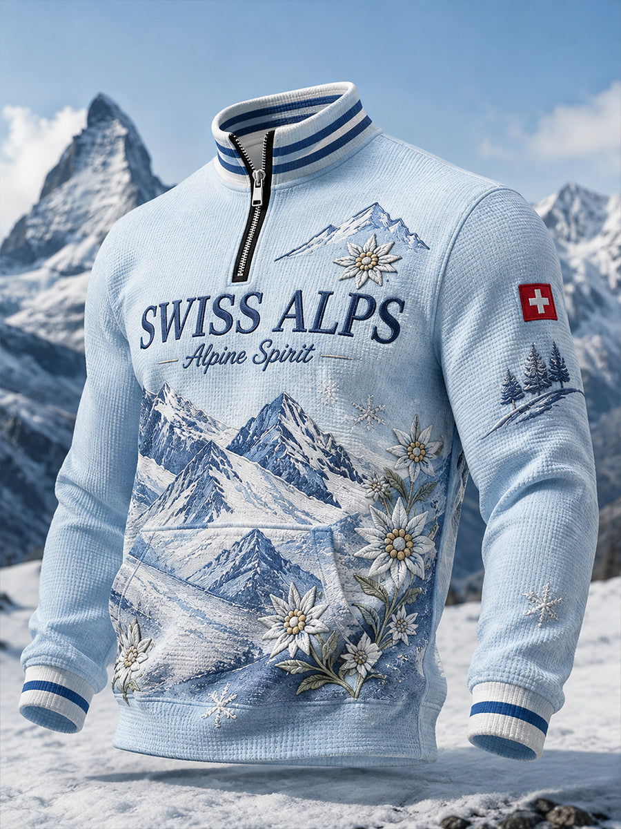 Herren-Sweatshirt im Alpin-Stil mit Waffelstruktur, langen Ärmeln und Mock-Neck