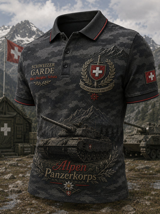 Herren-Poloshirt mit kurzen Ärmeln und Vintage-Print im Militärstil