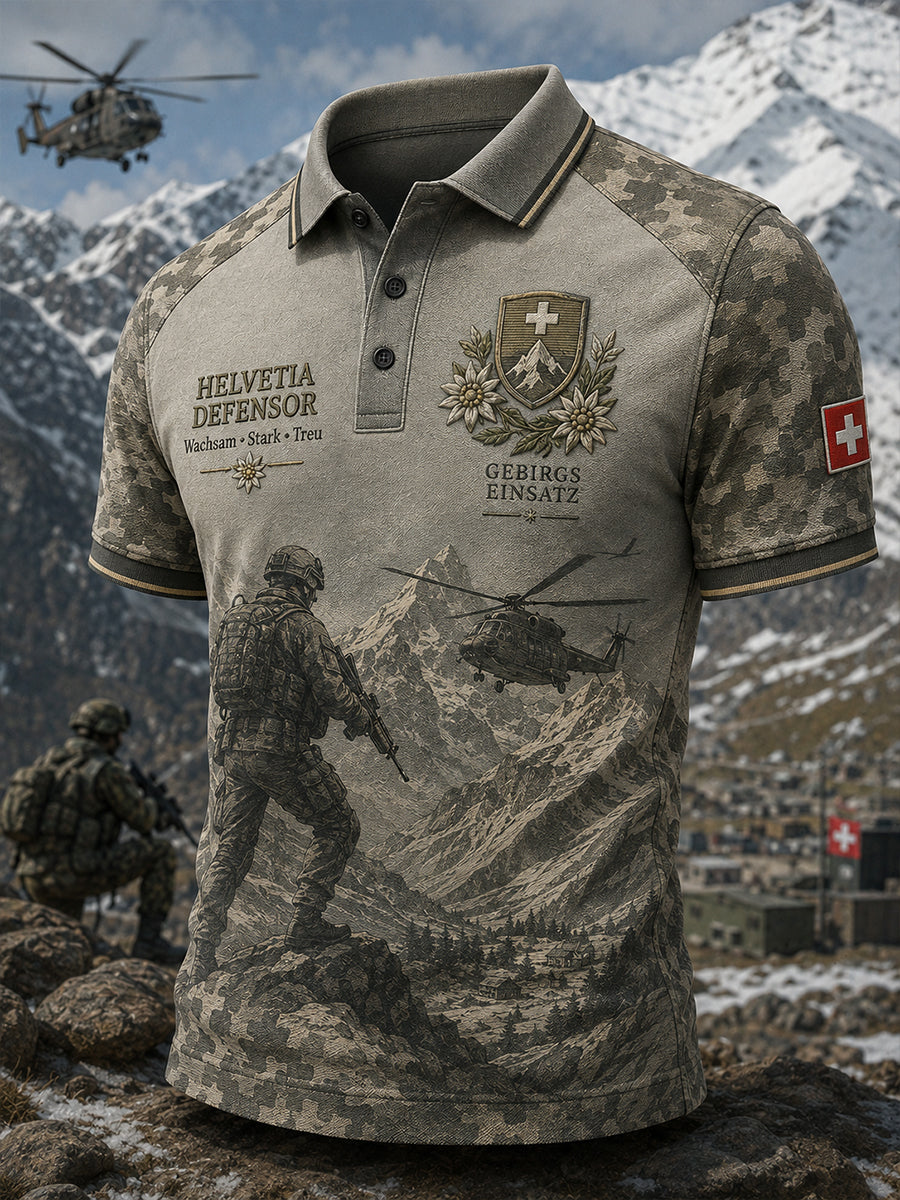Kurzärmliges Herren-Polo-Shirt mit Vintage-Print im Militärs til