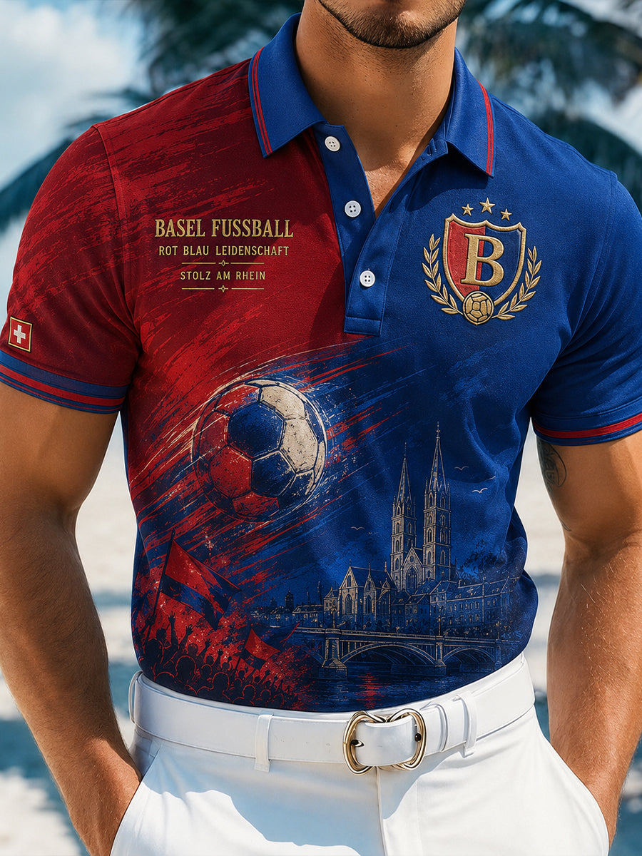 Herren-Sport-Poloshirt mit kurzen Ärmeln und Fußballmotiv-Print