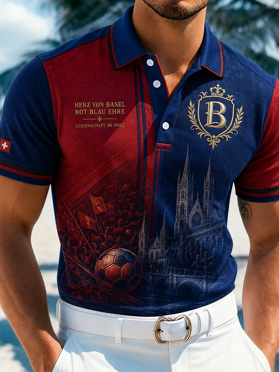 Herren-Sport-Poloshirt mit kurzen Ärmeln und Fußballmotiv-Print