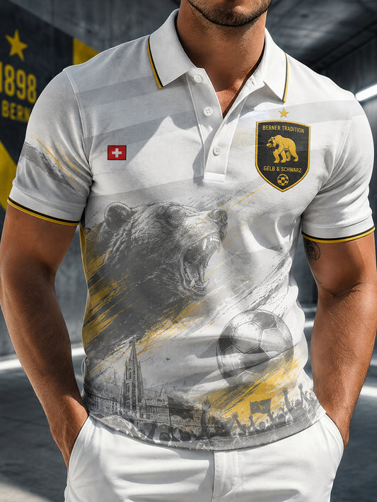 Herren-Sport-Poloshirt mit kurzen Ärmeln und Fußballmotiv-Print