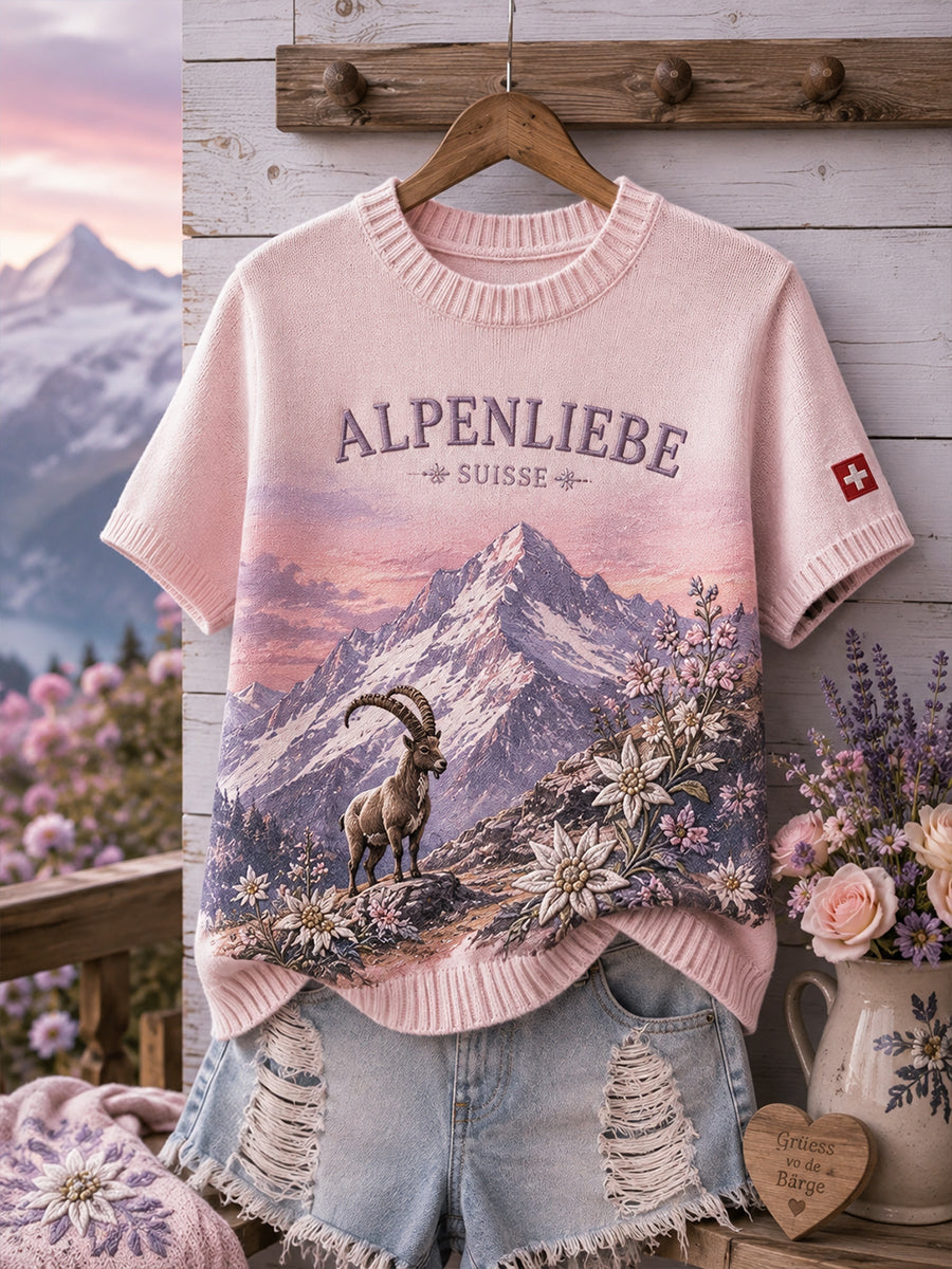 Kurzärmeliges Strick-T-Shirt für Damen mit alpinem Blumenmuster