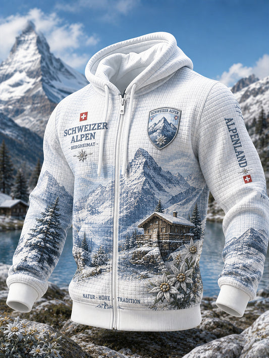 Herren-Kapuzenpullover aus Waffelstrick mit alpinem Motivdruck und langen Ärmeln