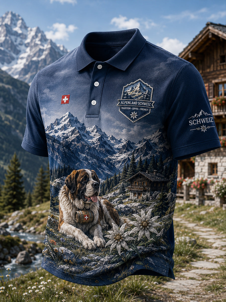 Herren-Poloshirt mit kurzen Ärmeln und alpinem Gedenkgrafikdruck