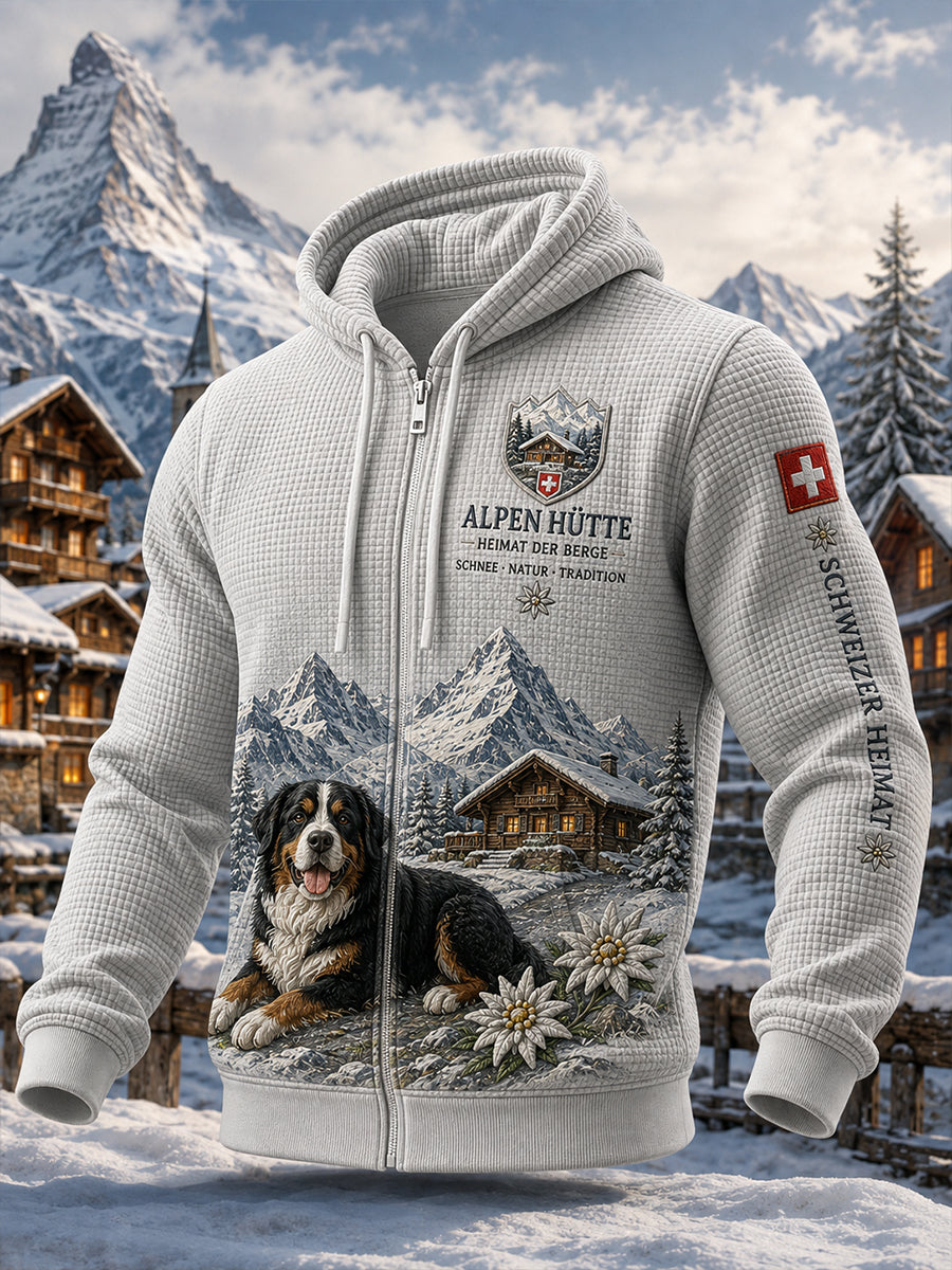 Herren-Kapuzenpullover aus Waffelstrick mit alpinem Motivdruck und langen Ärmeln