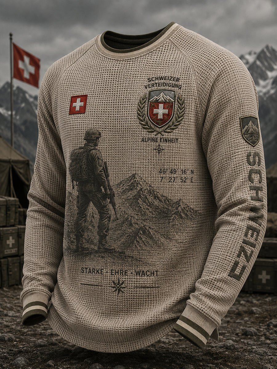 Herren-T-Shirt mit Raglanärmeln und Waffelstruktur, langärmlig, mit militärinspiriertem Grafikdruck