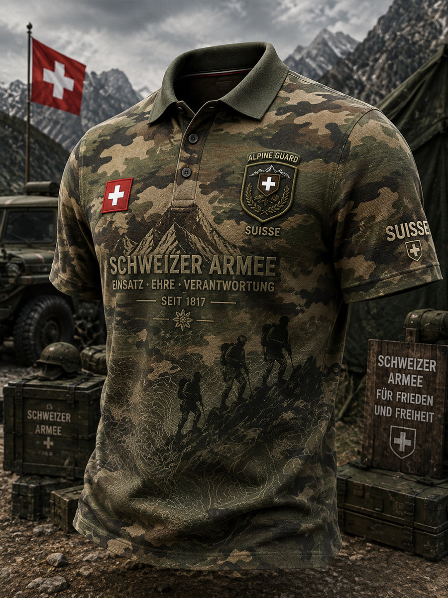 Herren-Poloshirt mit kurzen Ärmeln und militärischem Gedenkdruck