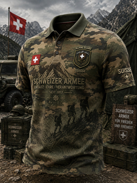 Herren-Poloshirt mit kurzen Ärmeln und militärischem Gedenkdruck