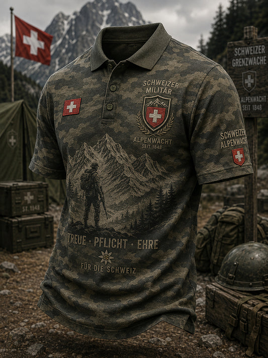 Herren-Poloshirt mit kurzen Ärmeln und militärischem Gedenkdruck