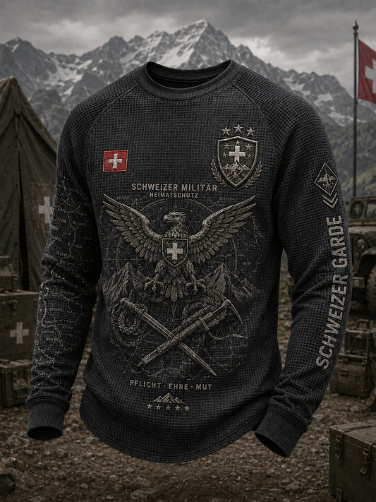 Herren-T-Shirt mit Raglanärmeln und Waffelstruktur, langärmlig, mit militärinspiriertem Grafikdruck