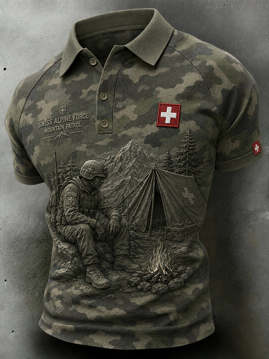 Herren-Poloshirt mit kurzen Ärmeln und Vintage-Print im Militärstil