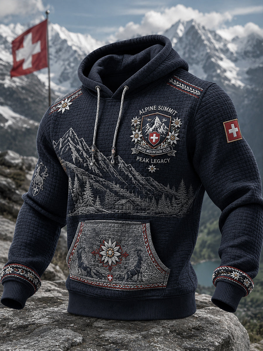 Herren-Hoodie aus Waffelstrick mit langen Ärmeln und grafischem Schneeberg-Print