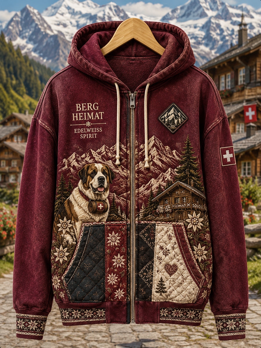 Damen-Sweatshirt mit langen Ärmeln und durchgehendem Reißverschluss, bedruckt mit einer verschneiten Berglandschaft
