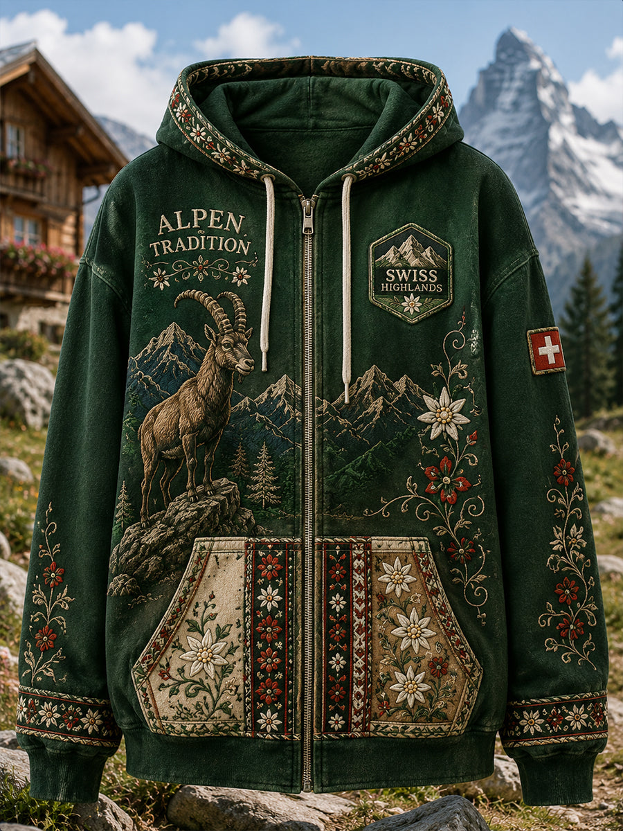 Damen-Sweatshirt mit langen Ärmeln und durchgehendem Reißverschluss, bedruckt mit einer verschneiten Berglandschaft