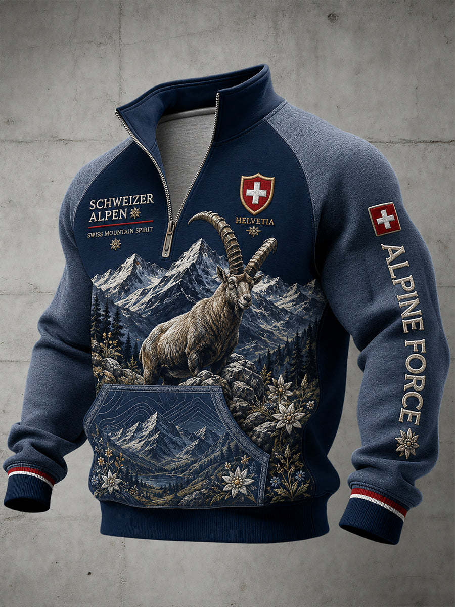 Herren-Sweatshirt mit langen Raglanärmeln und durchgehendem Reißverschluss, verziert mit einem grafischen Alpin-Print