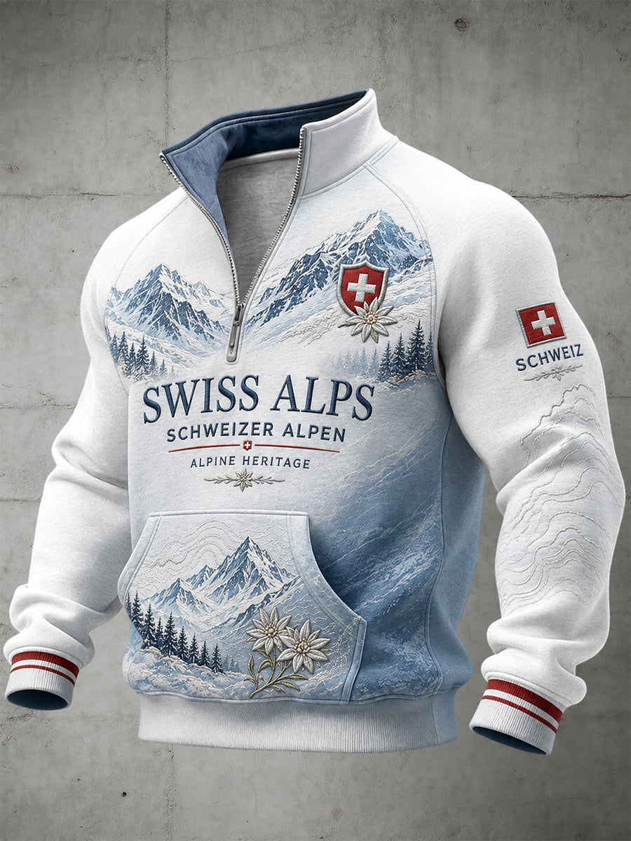 Herren-Sweatshirt mit langen Raglanärmeln und durchgehendem Reißverschluss, verziert mit einem grafischen Alpin-Print