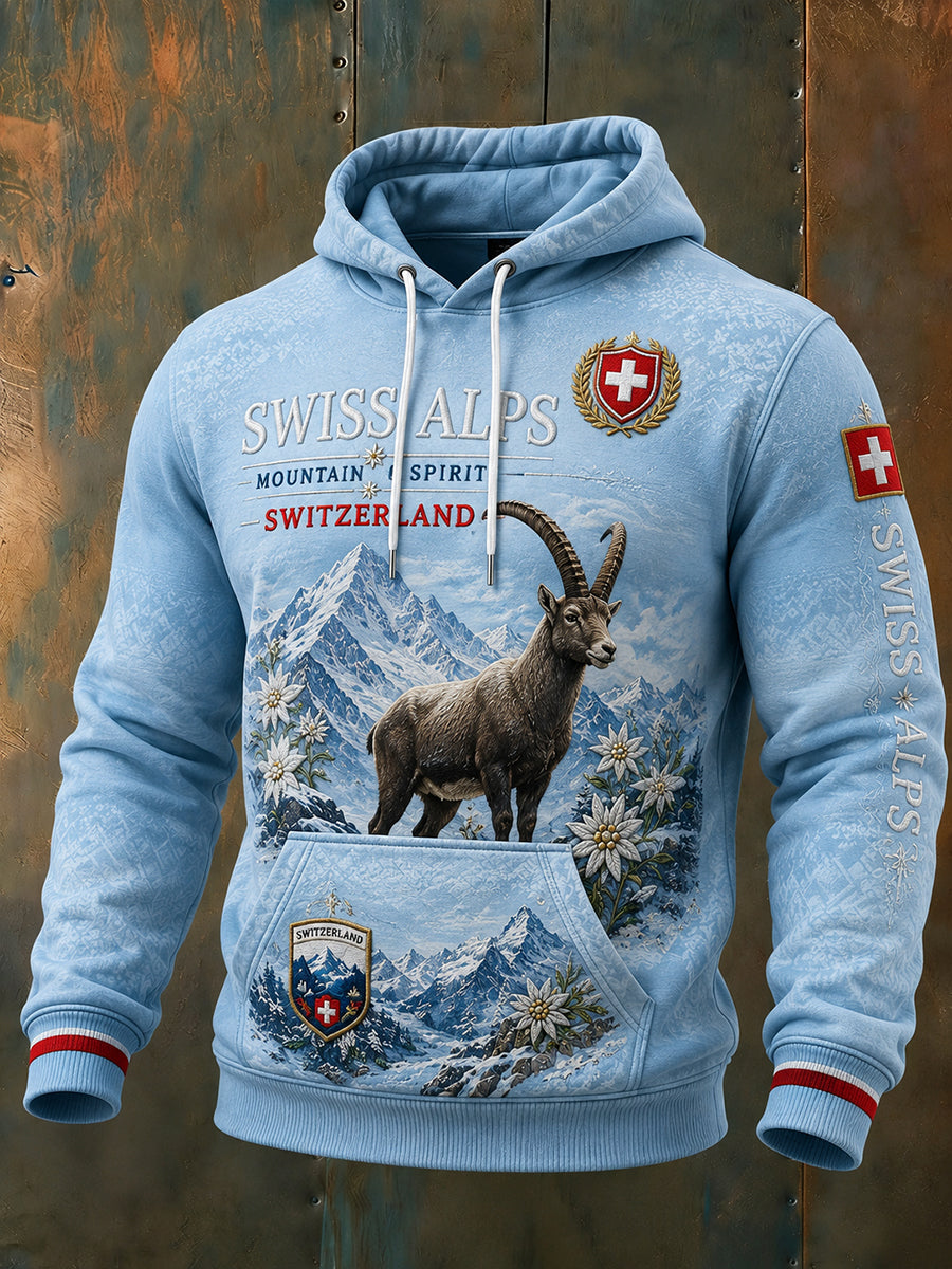 Herren-Kapuzenpullover mit langen Ärmeln und alpinem Gedenkgrafikdruck