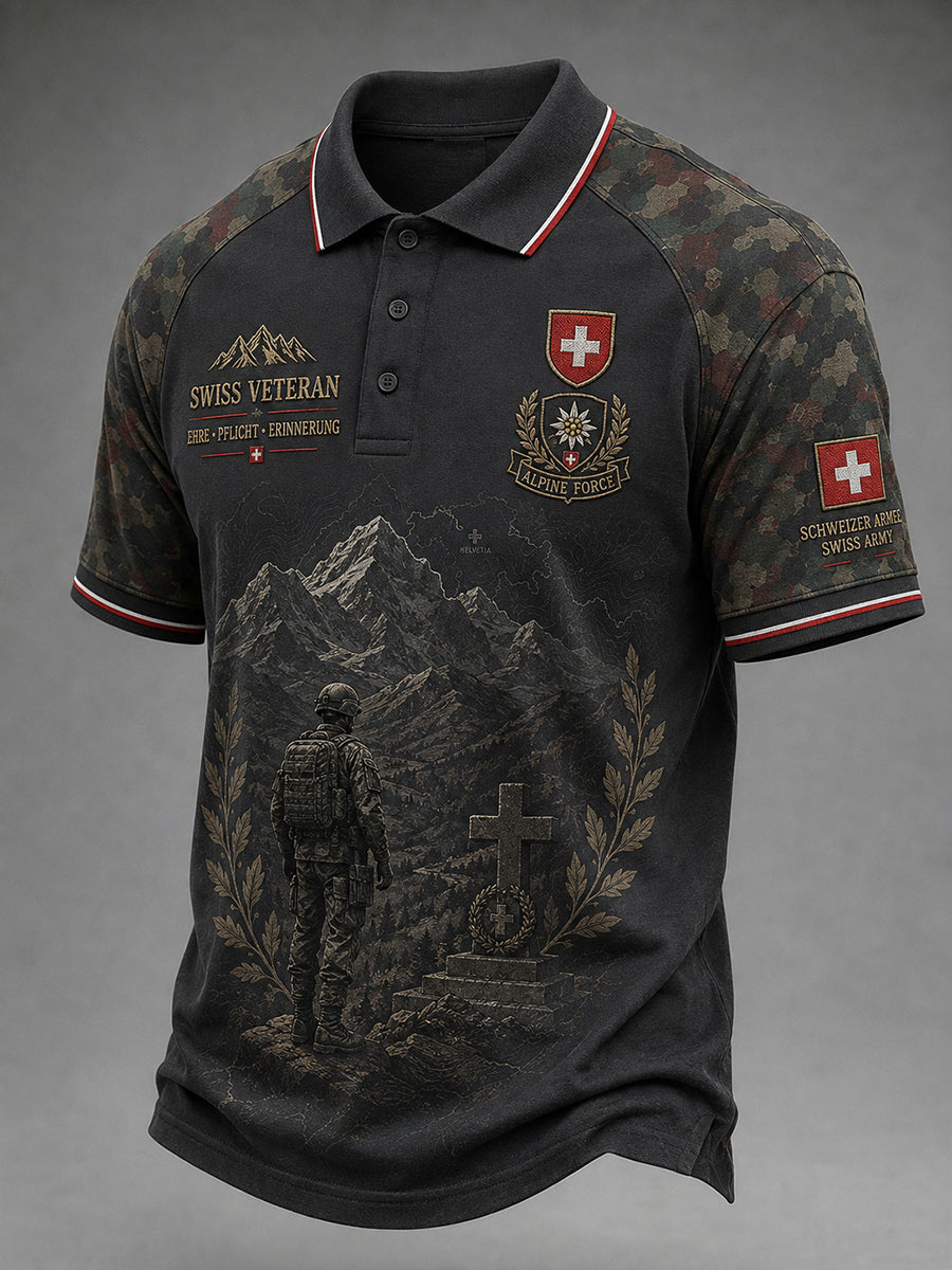 Herren-Poloshirt mit kurzen Ärmeln und vintage Militär-Gedenkdruck