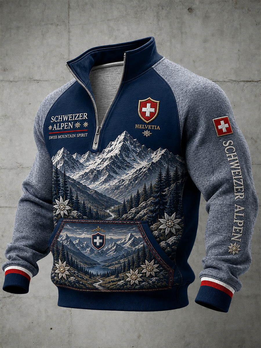 Herren-Raglanärmel-Zip‑Up‑Oberteil mit Souvenir‑Print im Vintage‑Stil – verschneite Bergwelt