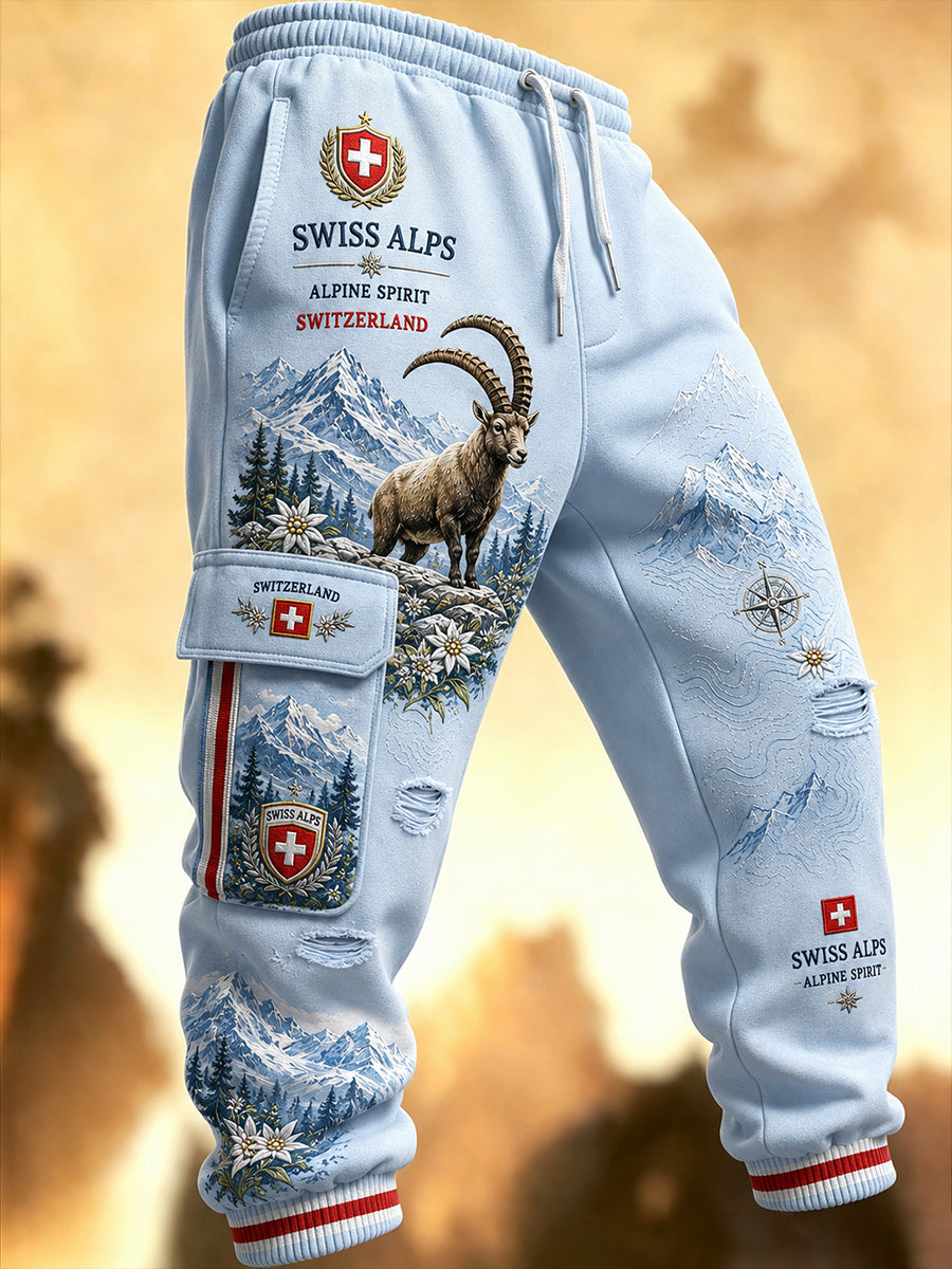 Herren-Freizeithose mit nostalgischem Motiv der verschneiten Berge