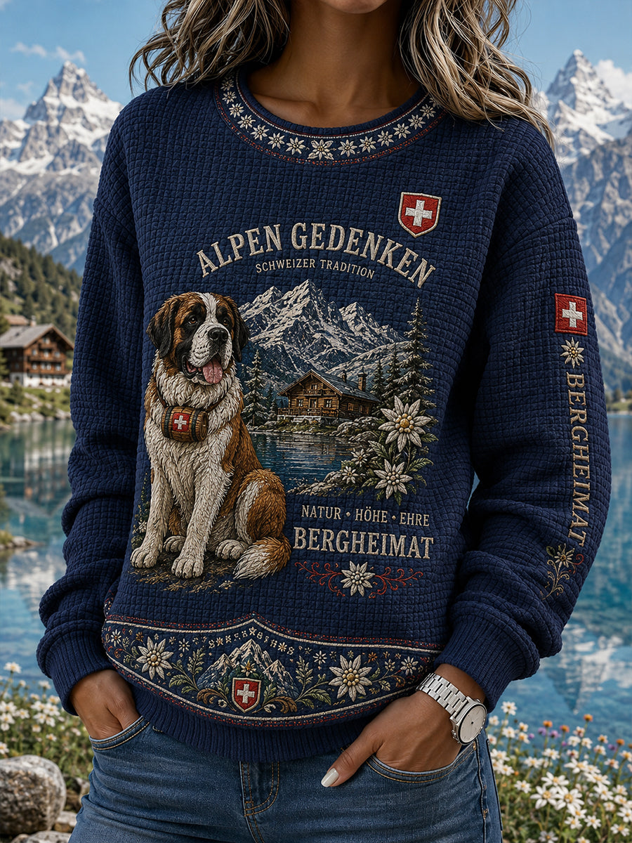 Damen-Top aus Waffelstrick mit langen Ärmeln und Vintage-Print im Stil alpiner Souvenirs