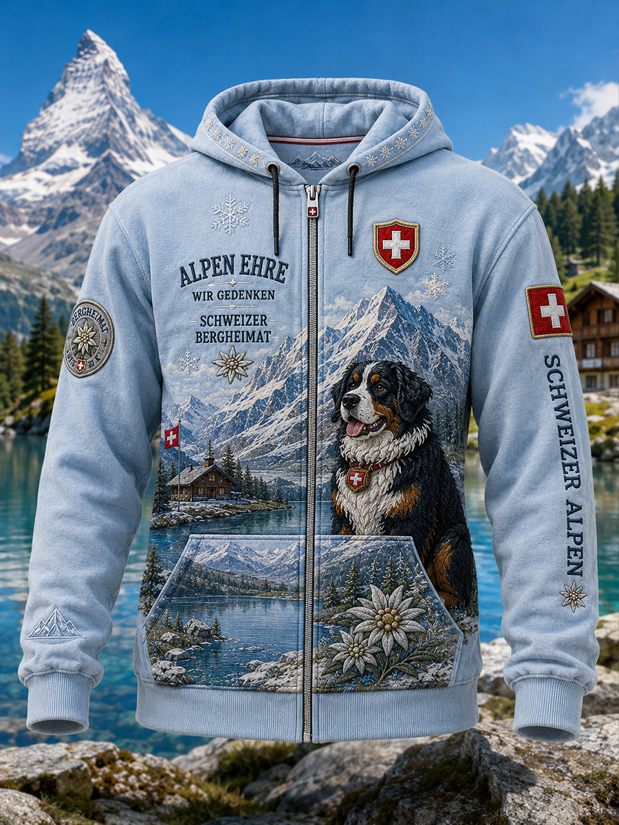 Herren-Vintage-Kapuzenpullover im Alpenstil mit Langarm und durchgehendem Reißverschluss
