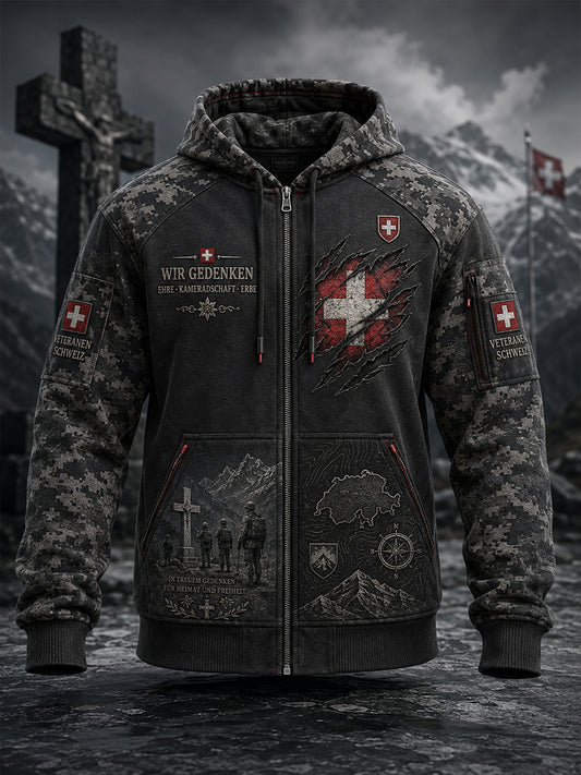 Herren-Vintage-Camouflage-Hoodie im Militärstil mit Langarm und durchgehendem Reißverschluss
