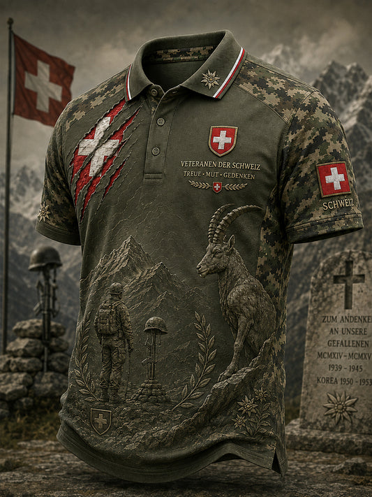 Herren-Poloshirt mit kurzen Ärmeln, Vintage-Camouflage- und militärstilistischen Prints