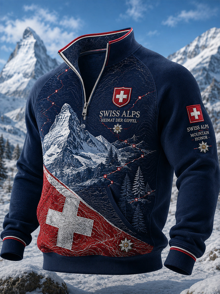 Herren-Oberteil mit langen Raglanärmeln und durchgehendem Reißverschluss, mit grafischem Schneeberg-Print