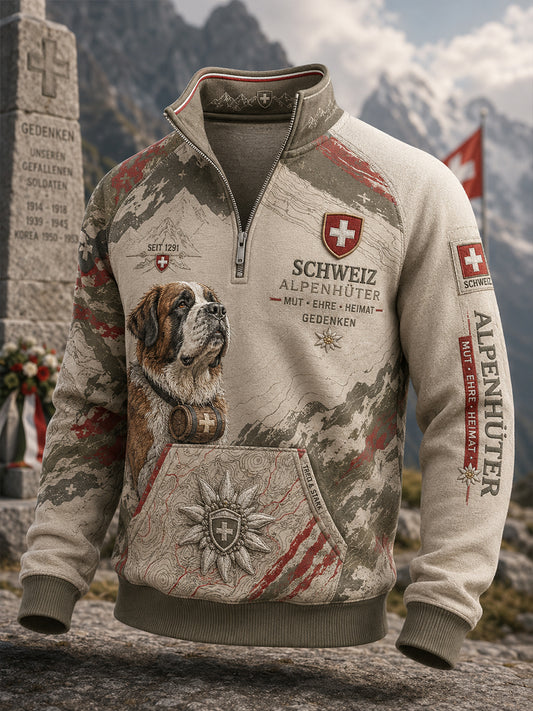 Herren-Top im Vintage-Militärstil mit Raglanärmeln und Reißverschluss, verziert mit einem grafischen Gedenkdruck zum Thema Veteranen