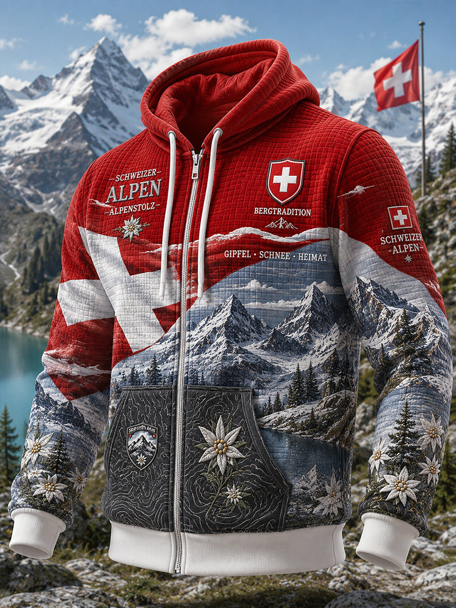 Herren-Kapuzenpullover mit langen Ärmeln und Reißverschluss, mit grafischem Schneeberg-Druck