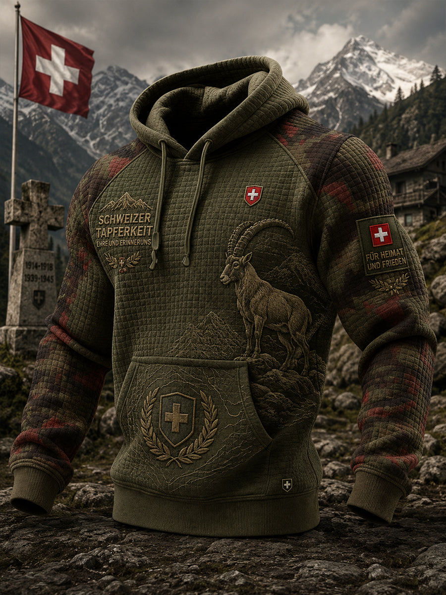 Herren-Vintage-Kapuzenpullover im militärinspirierten Waffelstrick mit grafischem Print